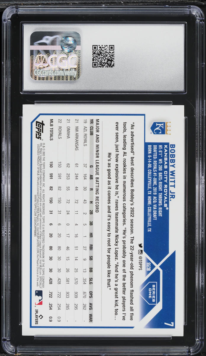 2023 Topps Bobby Witt Jr. #7 CGC 10 GEM MINT