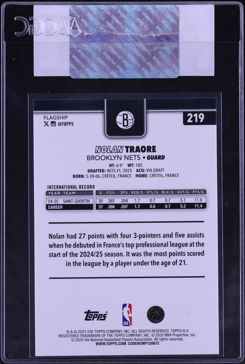 2025 Topps Basketball Nolan Traore ROOKIE #219 CGC AUTH