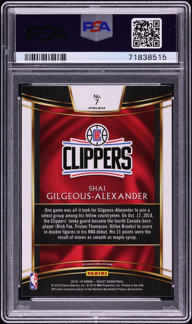2018 Select Concourse Silver Prizm Shai Gilgeous-Alexander ROOKIE #7 PSA 10 GEM MINT
