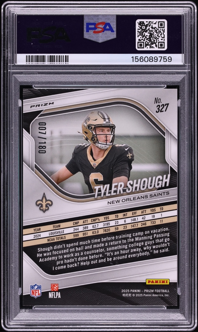 2025 Panini Prizm Pigskin Tyler Shough ROOKIE /180 #327 PSA 9 MINT