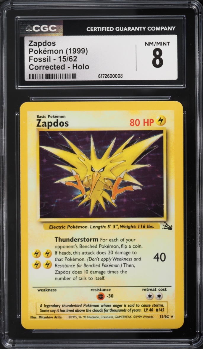 1999 Pokemon Fossil Corrected Holo Zapdos #15 CGC 8 NM-MT