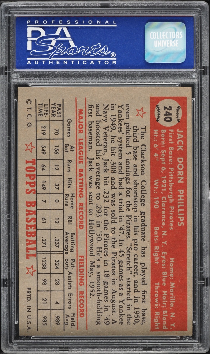 1952 Topps Jack Phillips #240 PSA 7 NRMT