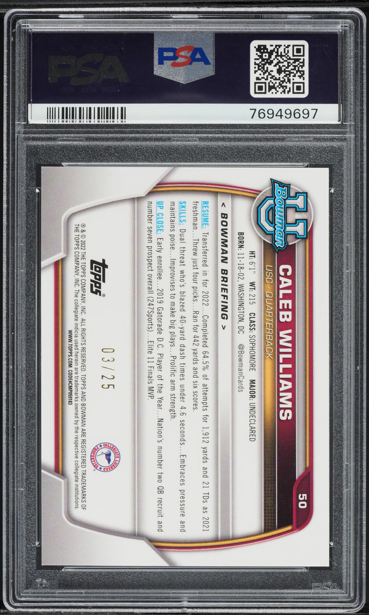 2022 Bowman Chrome University Orange Refractor Caleb Williams RC /25 #50 PSA 9