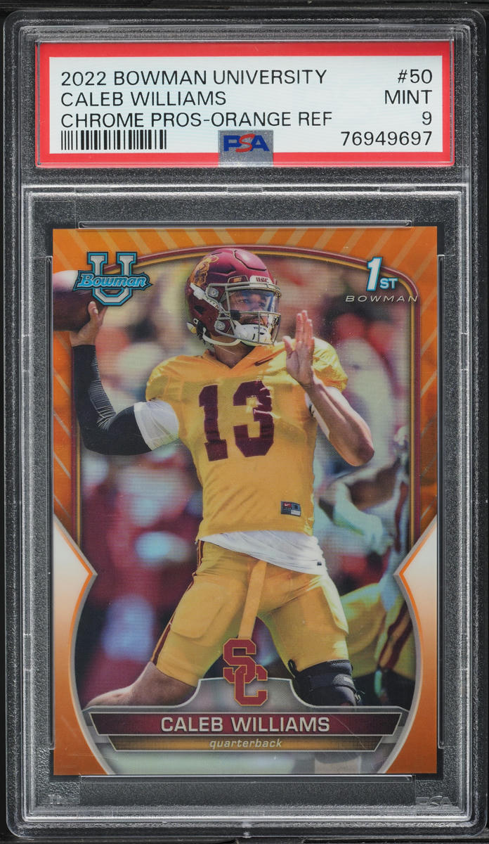 2022 Bowman Chrome University Orange Refractor Caleb Williams RC /25 #50 PSA 9