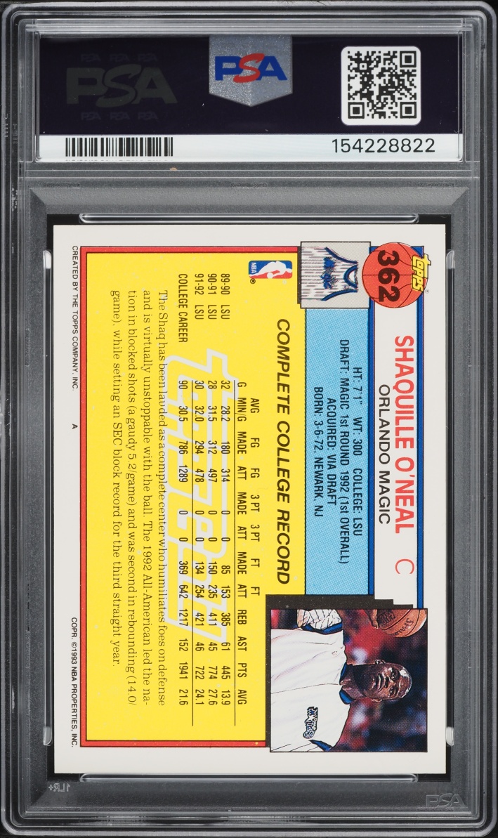 1992 Topps Gold Shaquille O'Neal ROOKIE #362 PSA 9 MINT