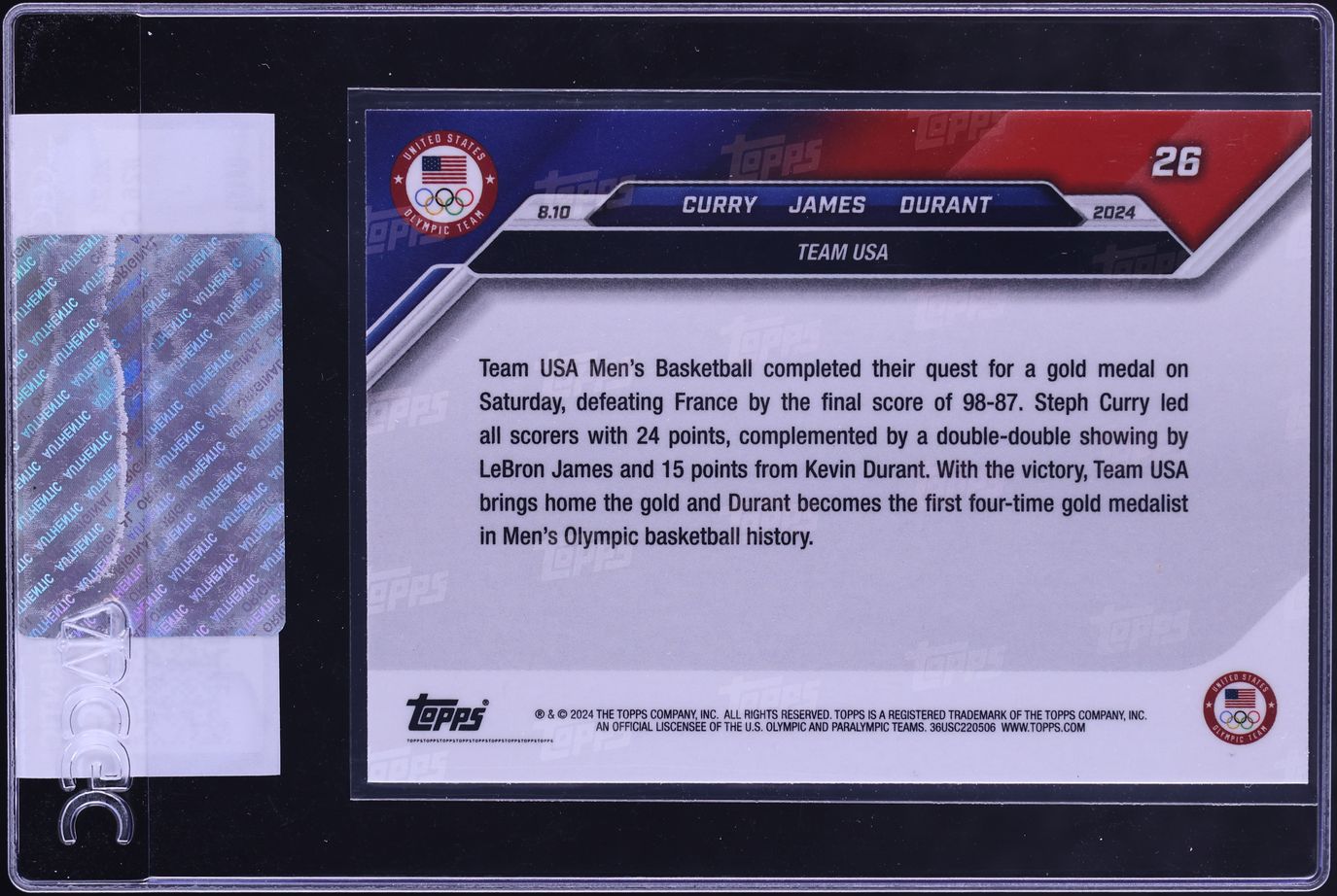 2024 Topps Now Olympic Games Stephen Curry LeBron James Kevin Durant CGC AUTH