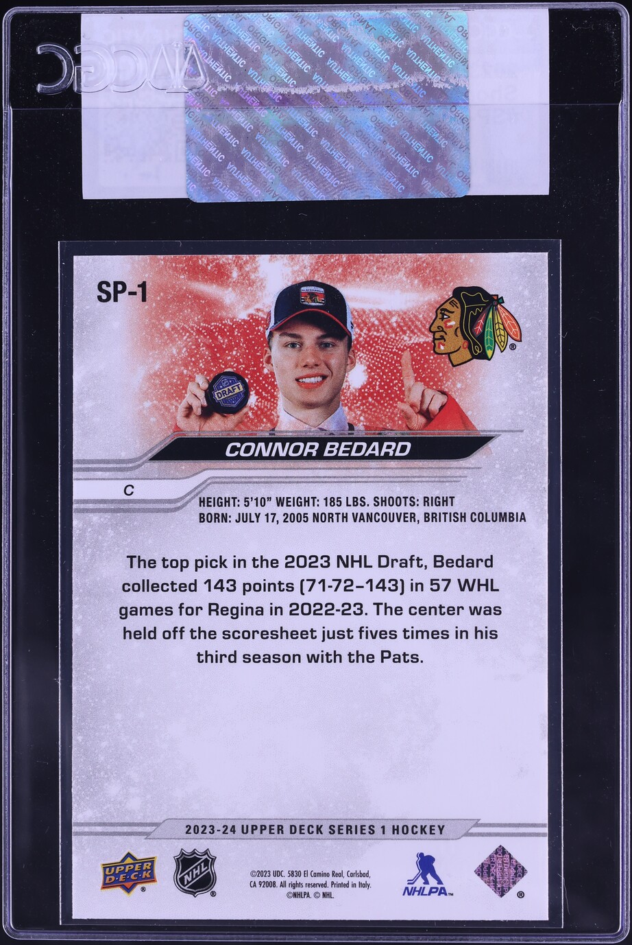 2023 Upper Deck Hockey Connor Bedard SP ROOKIE #SP-1 CGC AUTH