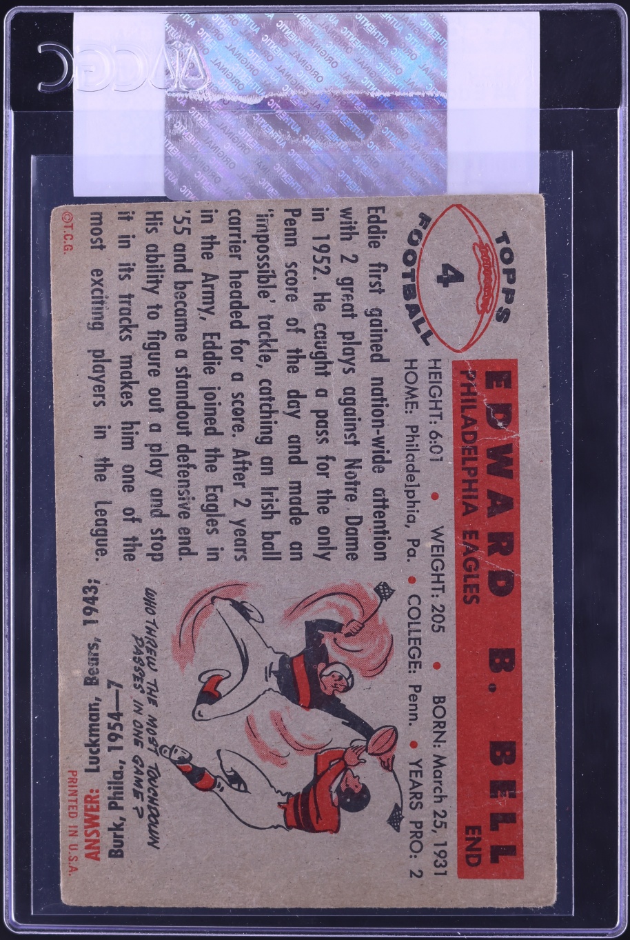 1956 Topps Football Eddie Bell #4 CGC AUTH