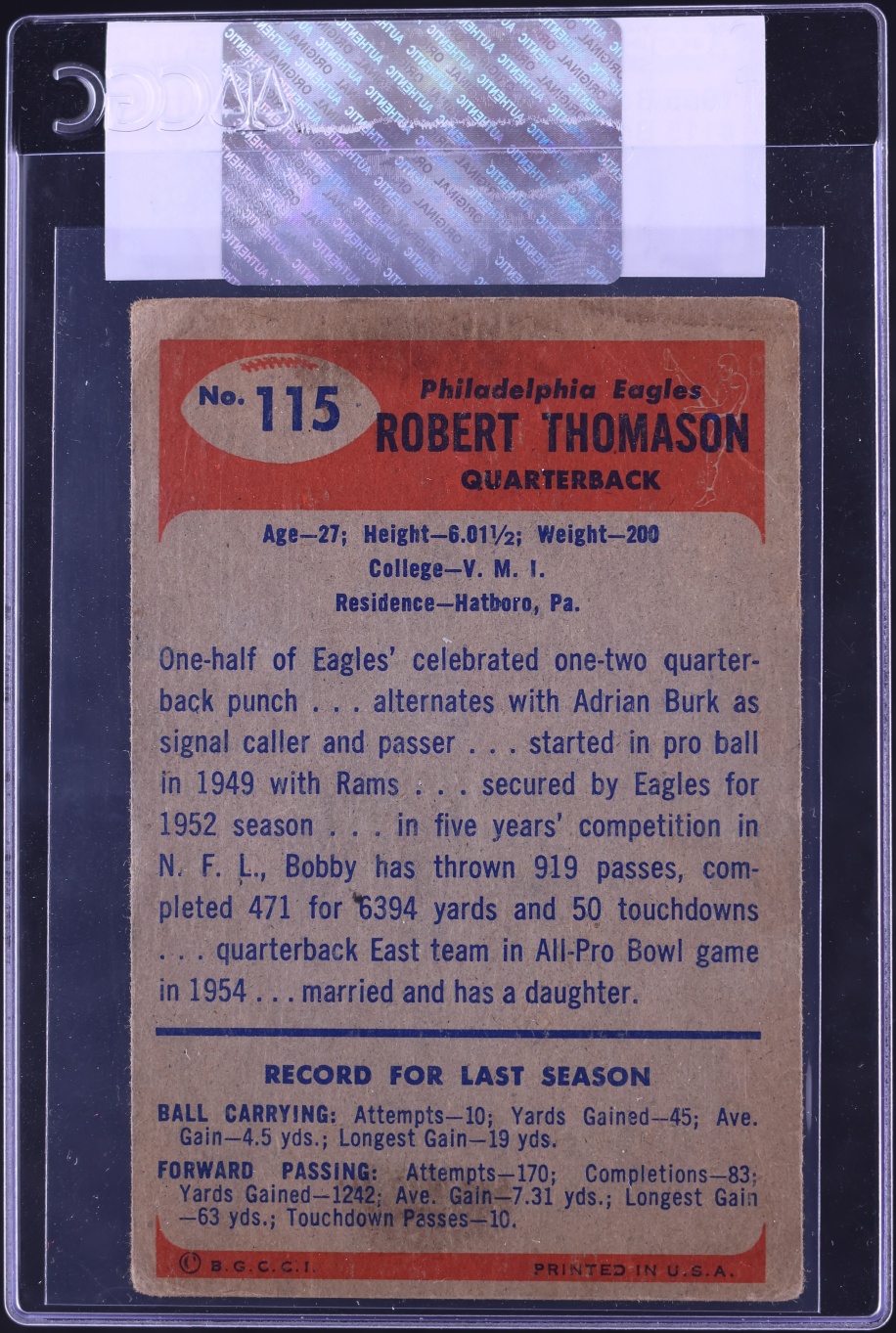 1955 Bowman Football Bobby Thomason #115 CGC AUTH