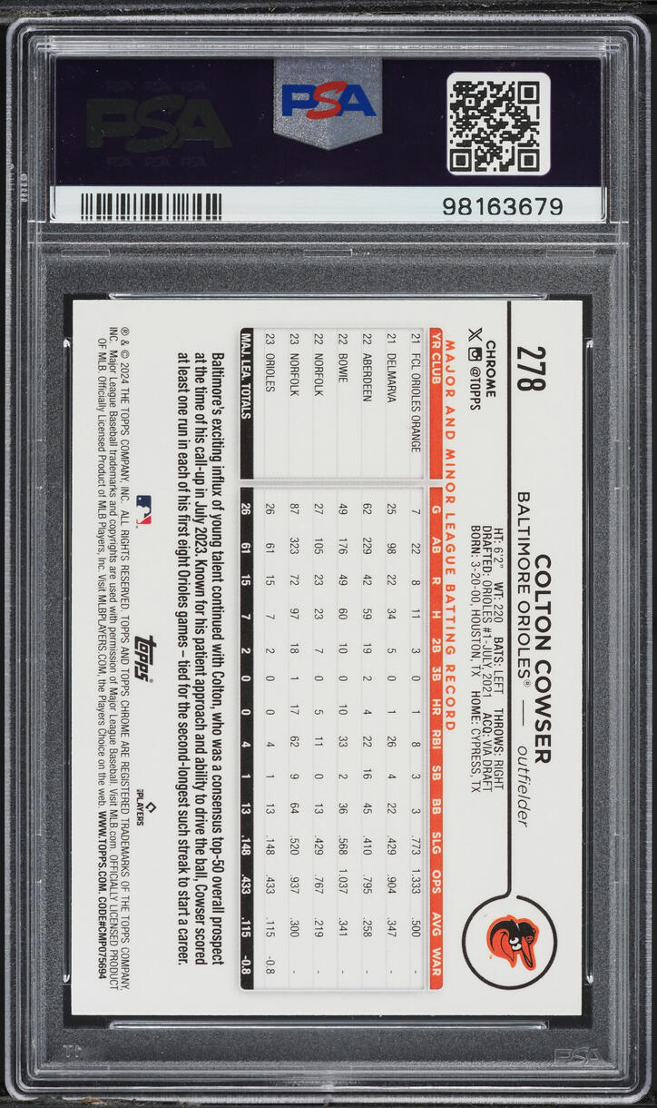 2024 Topps Chrome Sepia Refractor Colton Cowser ROOKIE #278 PSA 10 GEM MINT