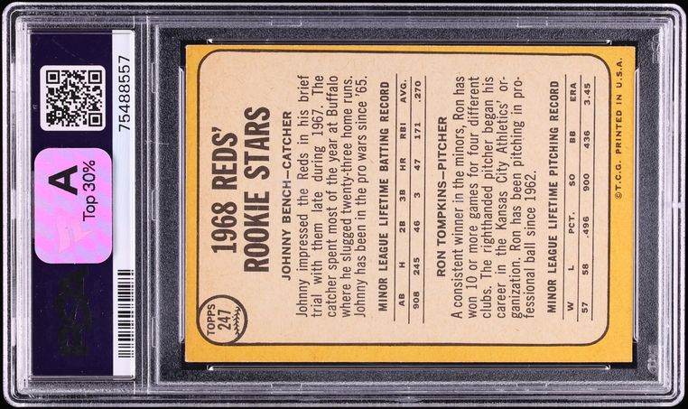 1968 Topps Johnny Bench ROOKIE AUTO DNA 10 #247 PSA 6 EXMT