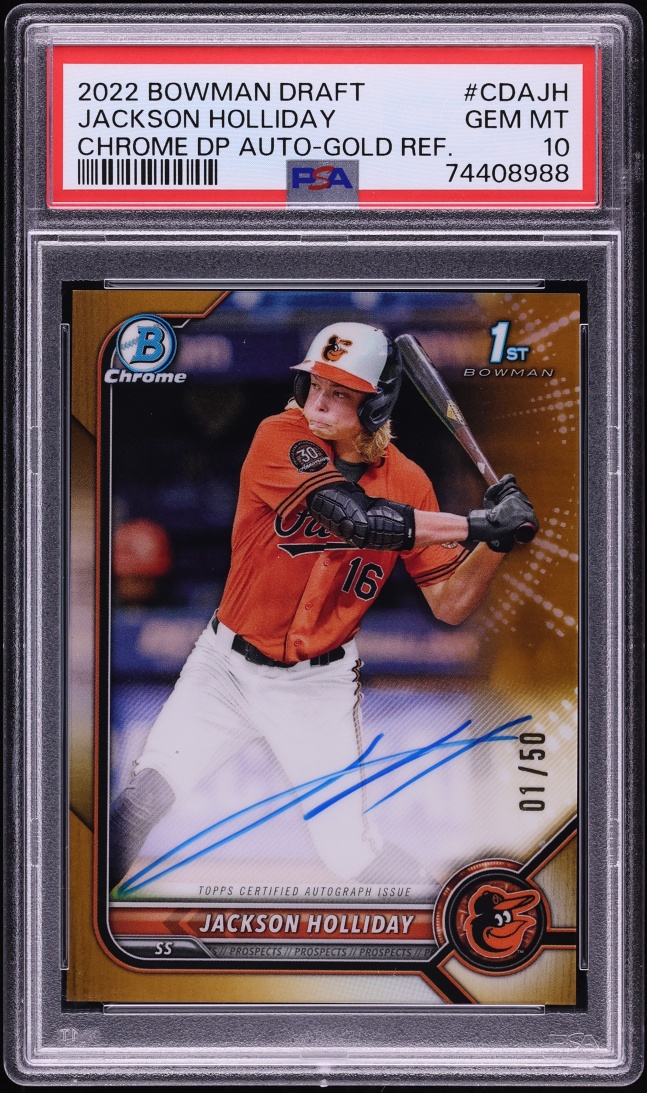 2022 Bowman Chrome Draft Gold Refractor Jackson Holliday PROSPECT AUTO 1/50 #CDA-JH PSA 10 GEM - Photo 1