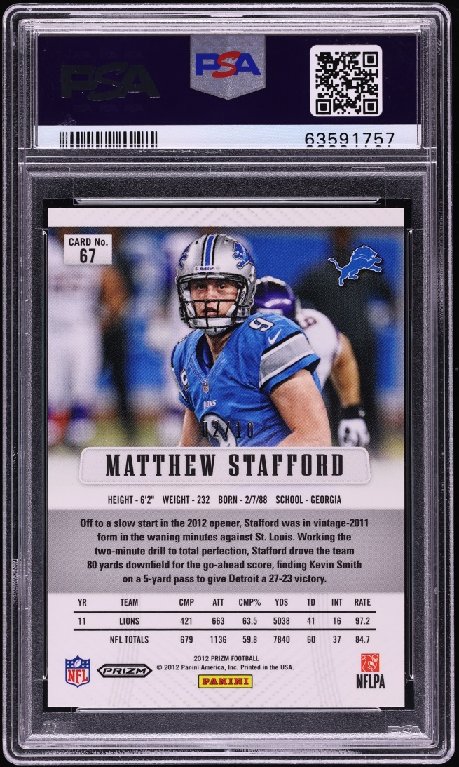 2012 Panini Prizm Gold Matthew Stafford /10 #67 PSA 8 NM-MT - Photo 2