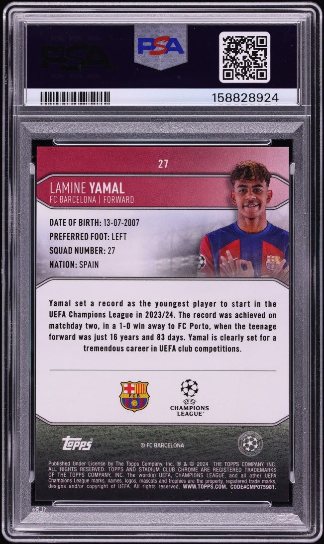 2023 Stadium Club Chrome UEFA Members Only Black Refractor Lamine Yamal ROOKIE /10 #27 PSA 8 - Photo 2