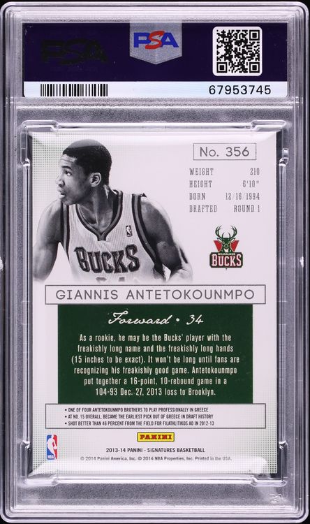 2013 Panini Signatures Giannis Antetokounmpo ROOKIE /15 #356 PSA 9 MINT - Photo 2