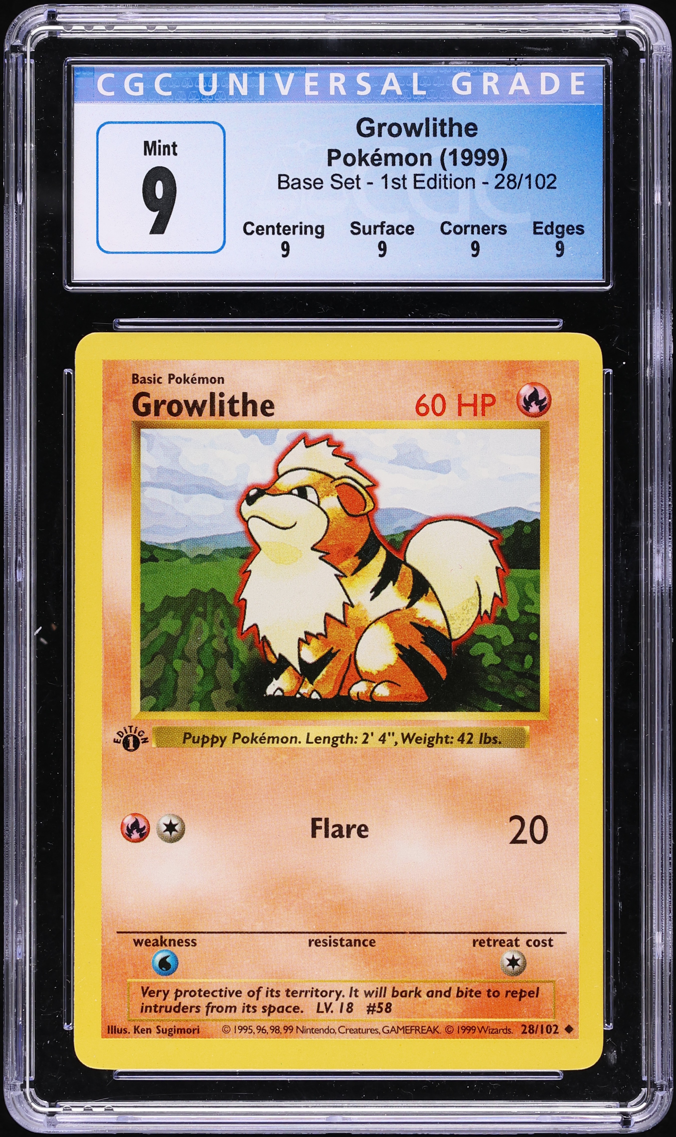 1999 Pokemon Base Set Shadowless 1st Edition Growlithe #28 CGC 9 MINT