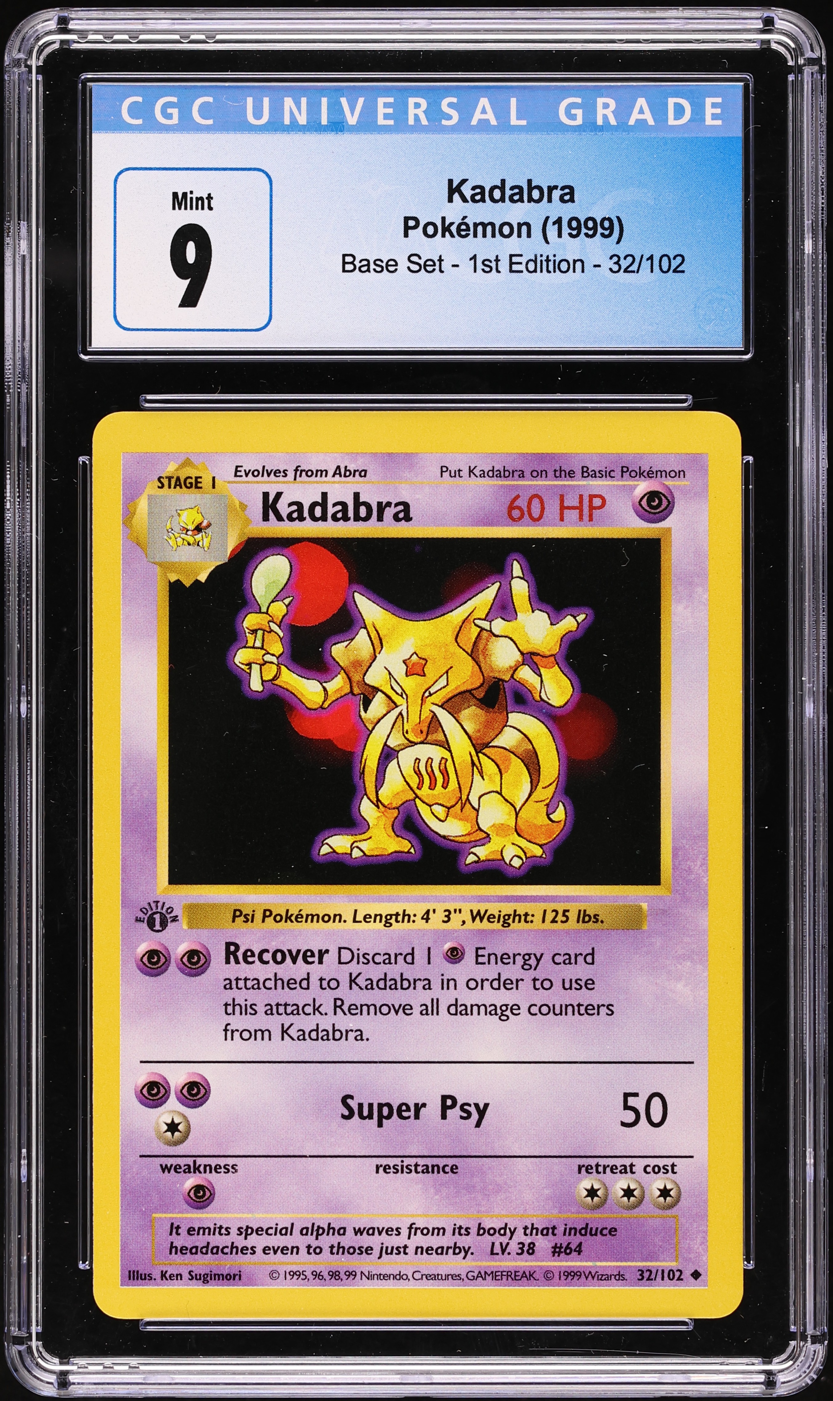 1999 Pokemon Base Set Shadowless 1st Edition Kadabra #32 CGC 9 MINT