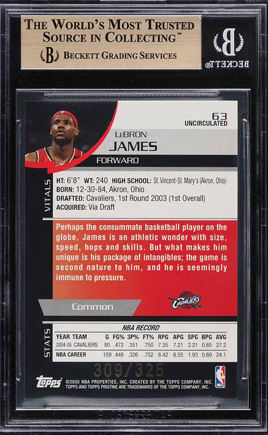 2005 Topps Pristine Uncirculated LeBron James /325 #63 BGS 9.5 GEM MINT - Photo 2