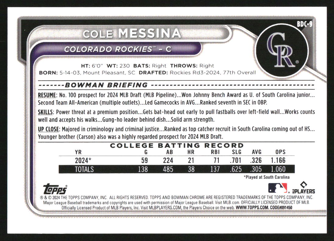 2024 Bowman Chrome Draft Black Refractors BDC9 Cole Messina RC /10 on