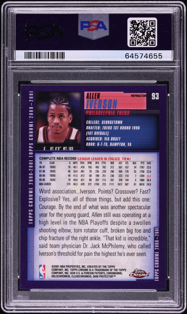 2000 Topps Chrome Refractor Allen Iverson #93 PSA 9 MINT - Photo 2