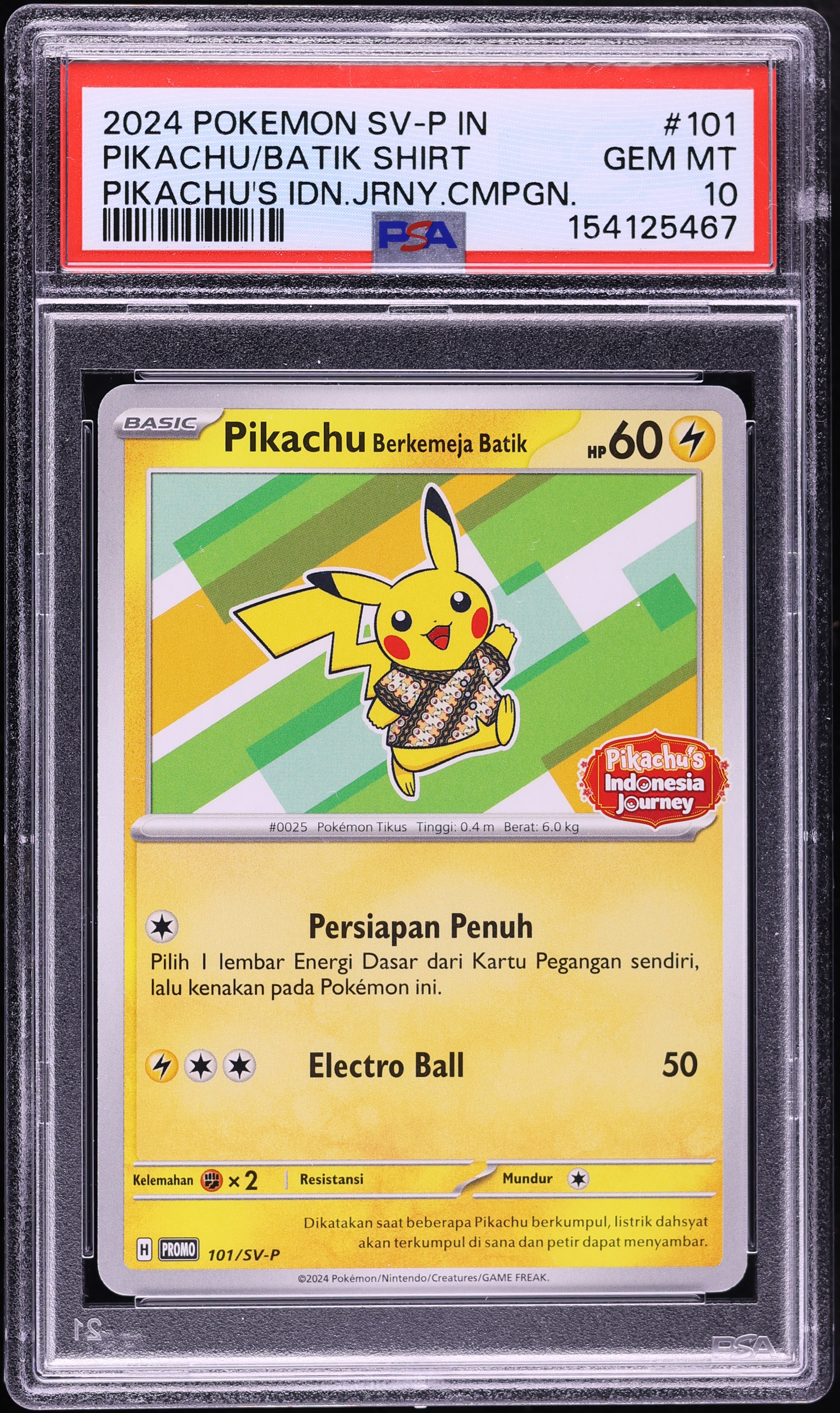 2024 Pokemon Indonesian SV Promo Journey Pikachu In Batik Shirt #101 PSA 10 GEM MINT