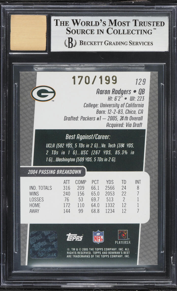 2005 Bowman's Best Aaron Rodgers ROOKIE AUTO /199 #129 BGS 9 MINT