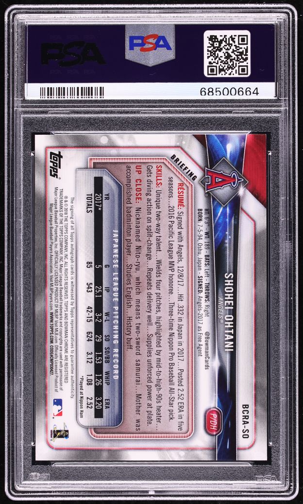 2018 Bowman Chrome Blue Refractor Shohei Ohtani ROOKIE AUTO /150 #BCRA-SO PSA 10 GEM MINT