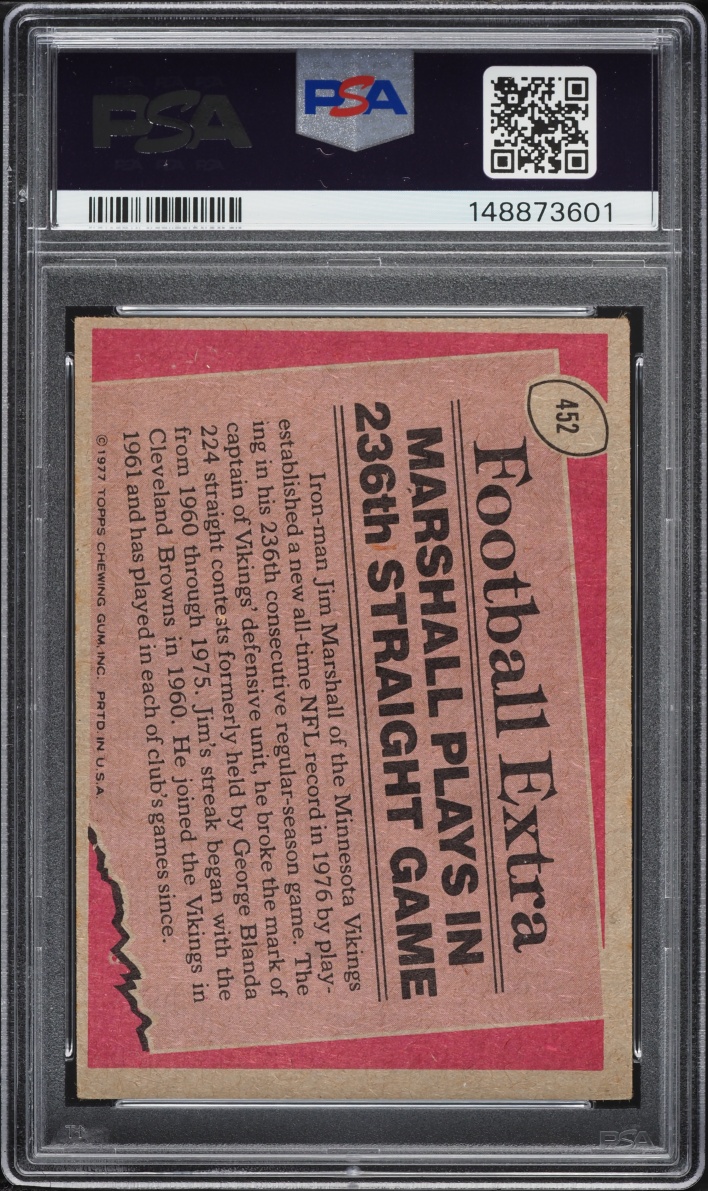 1977 Topps Football Jim Marshall RECORD BREAKER #452 PSA 4 VGEX