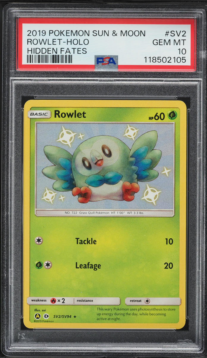 2019 Pokemon Sun & Moon Hidden Fates Shiny Holo Rowlet #SV2 PSA 10 GEM MINT
