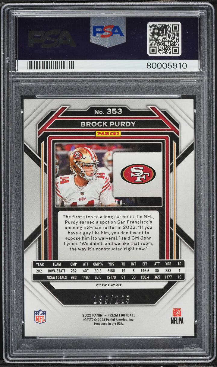 2022 Panini Prizm Purple Ice Brock Purdy ROOKIE /225 #353 PSA 10 GEM MINT
