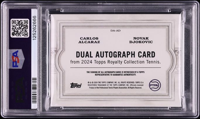 2024 Topps Royalty Tennis Dual Novak Djokovic & Carlos Alcaraz AUTO 1/25 #DA-AD PSA 8 NM-MT