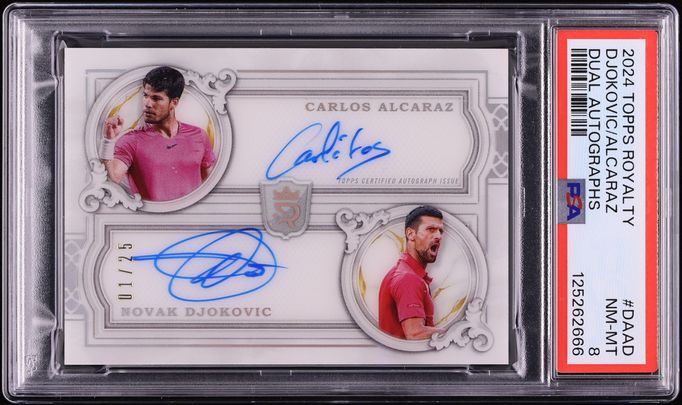 2024 Topps Royalty Tennis Dual Novak Djokovic & Carlos Alcaraz AUTO 1/25 #DA-AD PSA 8 NM-MT