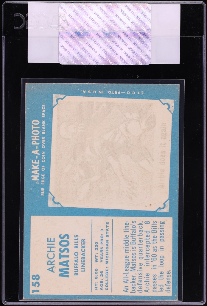 1961 Topps Football Archie Matsos ROOKIE #158 CGC AUTH