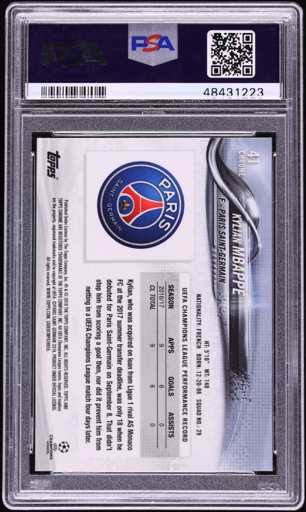 2017 Topps Chrome UEFA Champions League Kylian Mbappe ROOKIE #41 PSA 10 GEM MINT