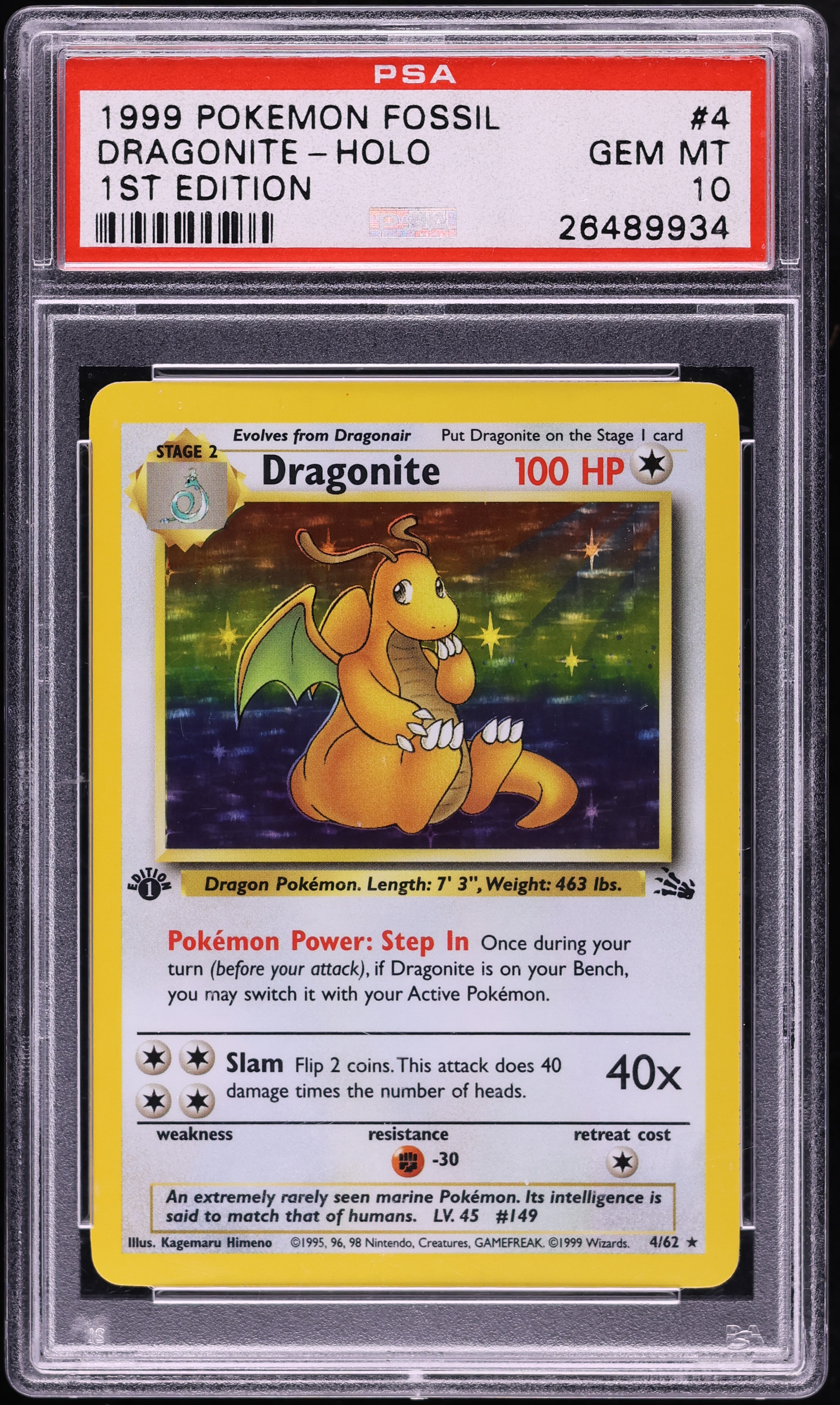 1999 Pokemon Fossil 1st Edition Holo Dragonite #4 PSA 10 GEM MINT