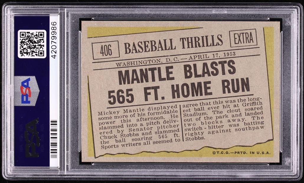 1961 Topps Mickey Mantle BLASTS 565 FT. HOME RUN #406 PSA 10 GEM MINT