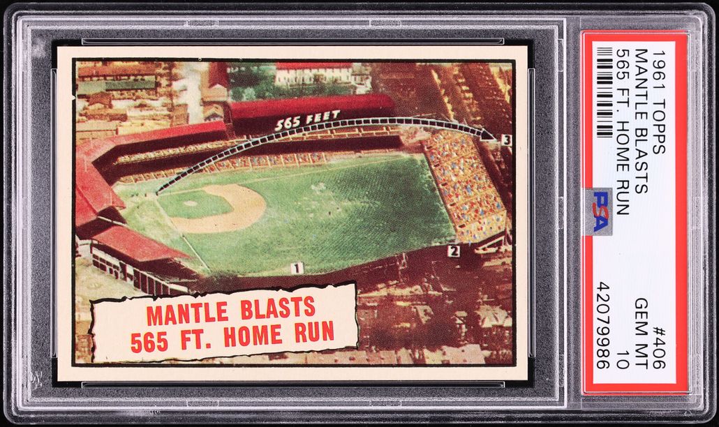 1961 Topps Mickey Mantle BLASTS 565 FT. HOME RUN #406 PSA 10 GEM MINT