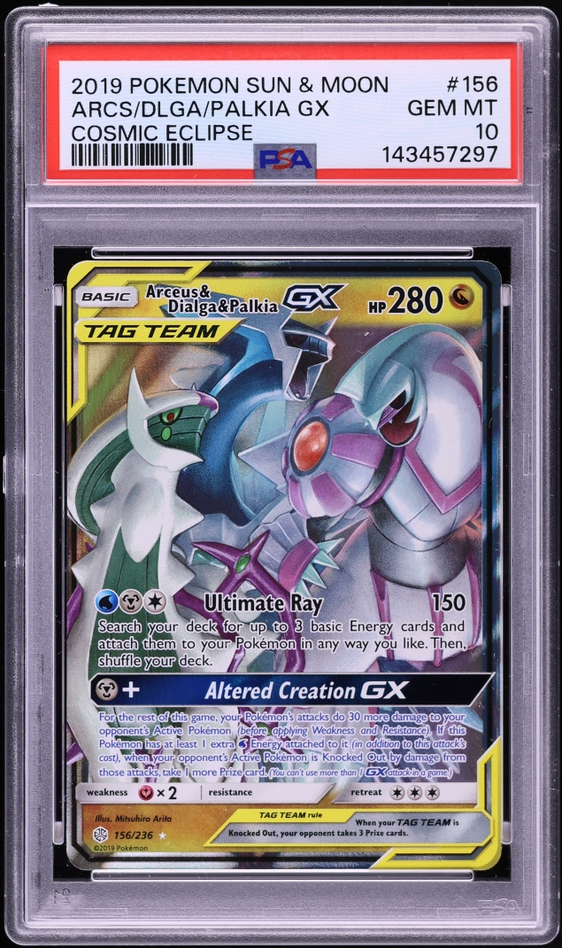 2019 Pokemon Sun & Moon Cosmic Eclipse Arceus Dialga Palkia GX #156 PSA 10 GEM MINT
