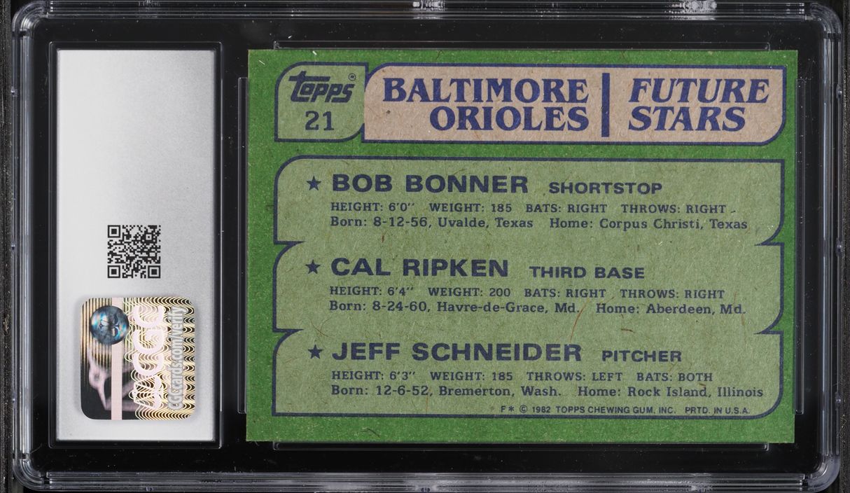 1982 Topps Orioles Future Stars Cal Ripken Jr. Bob Bonner Jeff Schneider ROOKIE #21 CGC 7 NRMT
