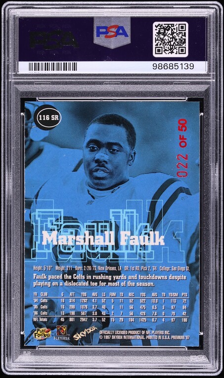 1997 Skybox Premium Rubies Marshall Faulk /50 #116SR PSA 8 NM-MT