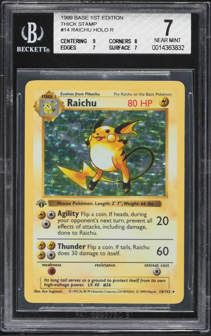 1999 Pokemon Base Set Shadowless 1st Edition Holo Raichu #14 BGS 7 NRMT