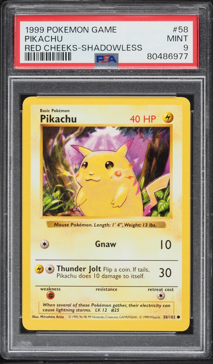 1999 Pokemon Base Set Shadowless Red Cheeks Pikachu #58 PSA 9 MINT
