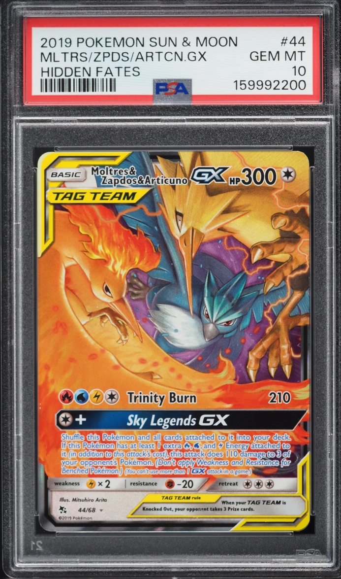 2019 Pokemon Sun & Moon Hidden Fates Moltres & Zapdos & Articuno GX #44 PSA 10 GEM MINT