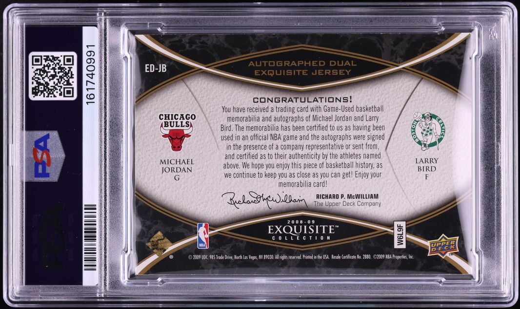 2008 Exquisite Collection Dual Jersey Michael Jordan Larry Bird PATCH AUTO DNA 10 1/5 PSA 6