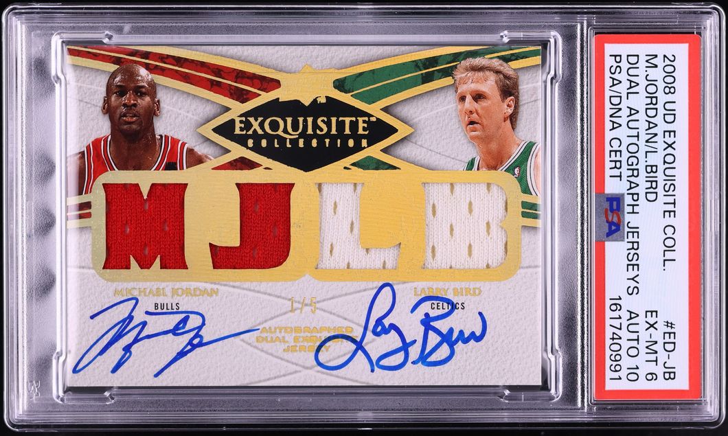 2008 Exquisite Collection Dual Jersey Michael Jordan Larry Bird PATCH AUTO DNA 10 1/5 PSA 6