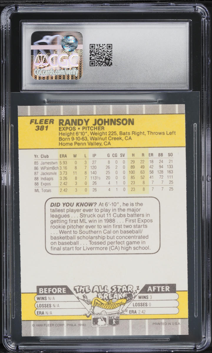 1989 Fleer Randy Johnson ROOKIE, AD BLACKED OUT #381 CGC 4 VGEX