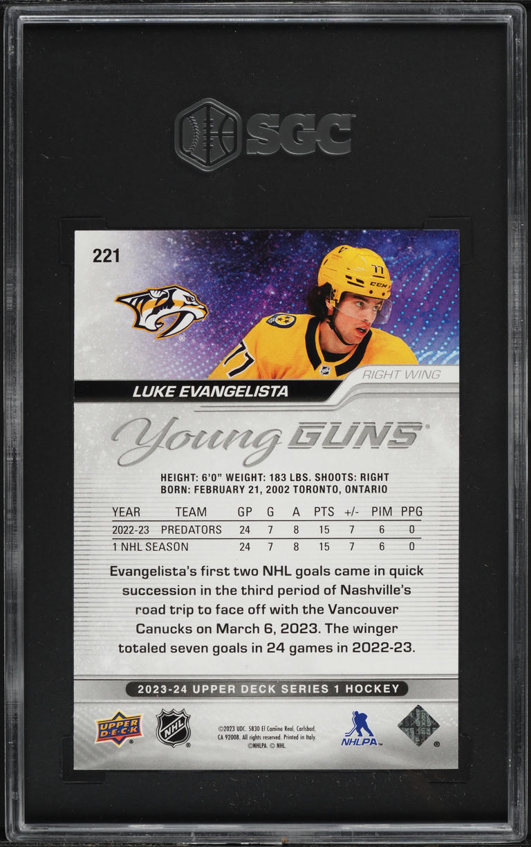 2023 Upper Deck Young Guns Luke Evangelista ROOKIE #221 SGC 9.5 MINT+