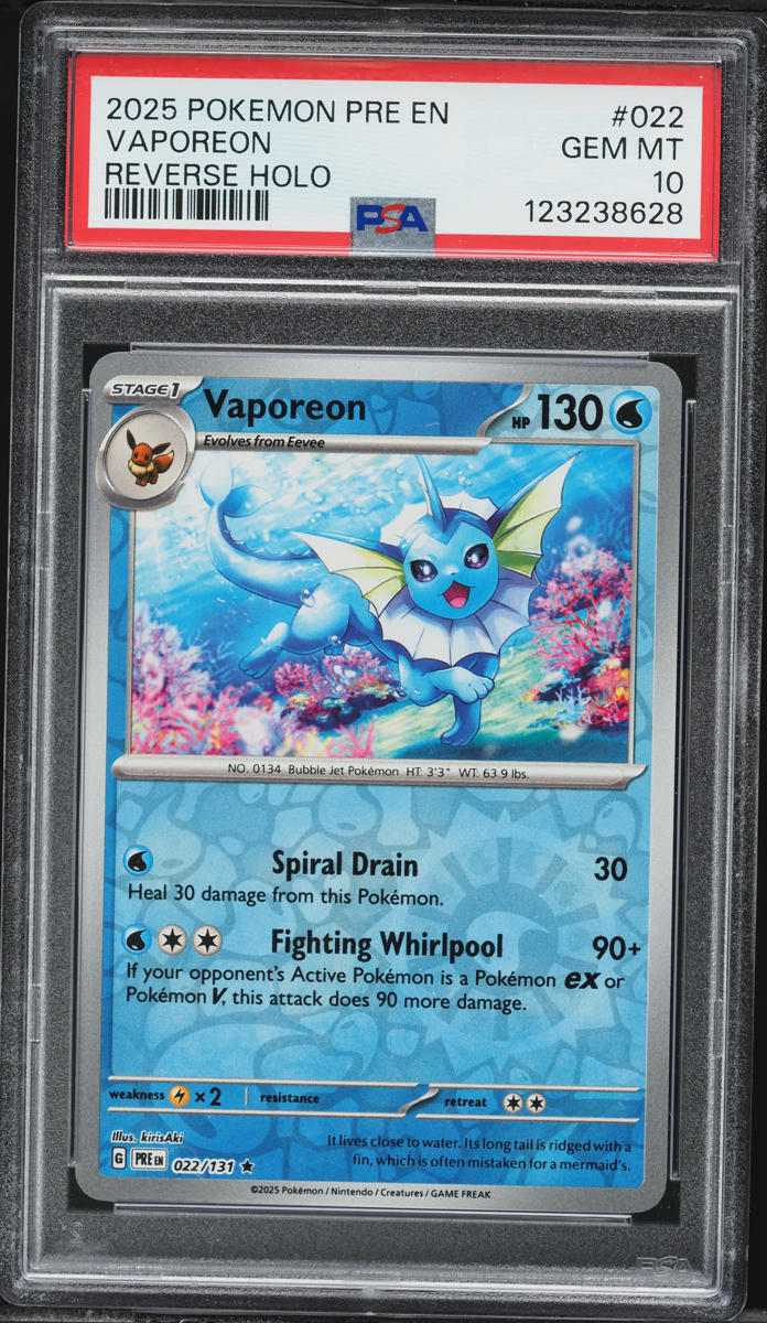 2025 Pokemon Scarlet & Violet Prismatic Evolutions Reverse Holo Vaporeon #22 PSA 10 GEM MINT