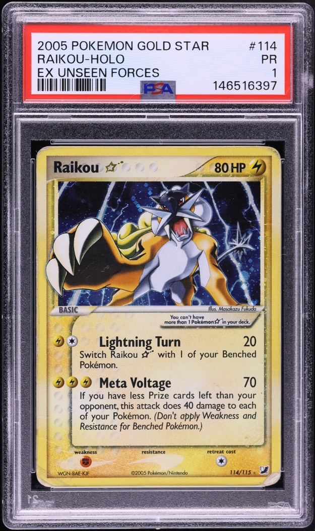 2005 Pokemon EX Unseen Forces Holo Raikou Gold Star #114 PSA 1 PR