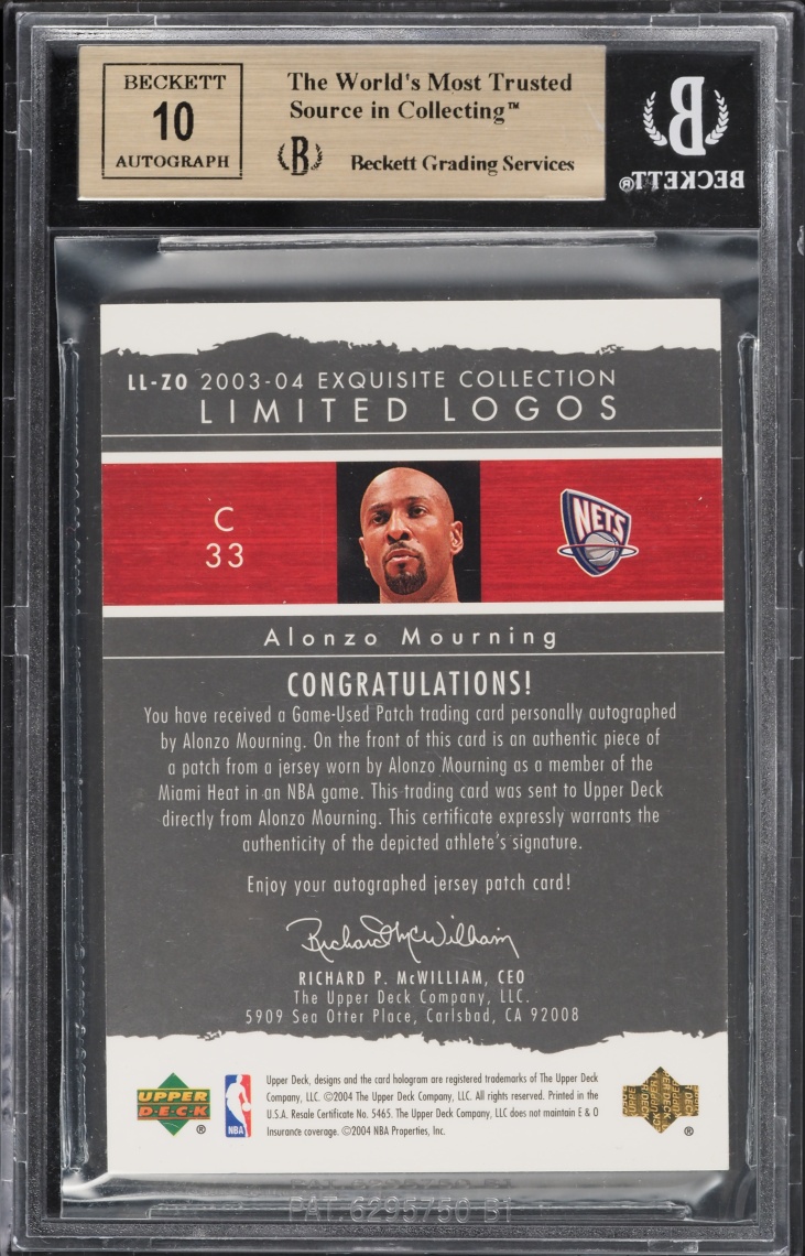 2003 Exquisite Collection Limited Logos Alonzo Mourning PATCH AUTO /75 #LL-ZO BGS 9.5 GEM MINT